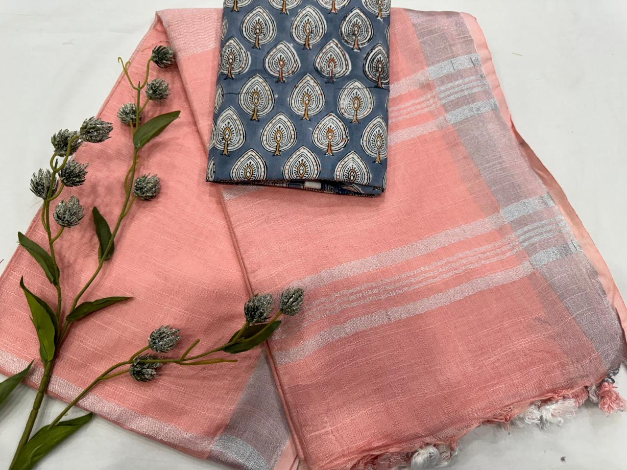 Plain Cotton Linen Saree Wholesale in Peach – Lightweight Handcrafted Designer Linen Saree for Boutiques & Retailers | Fabtexs